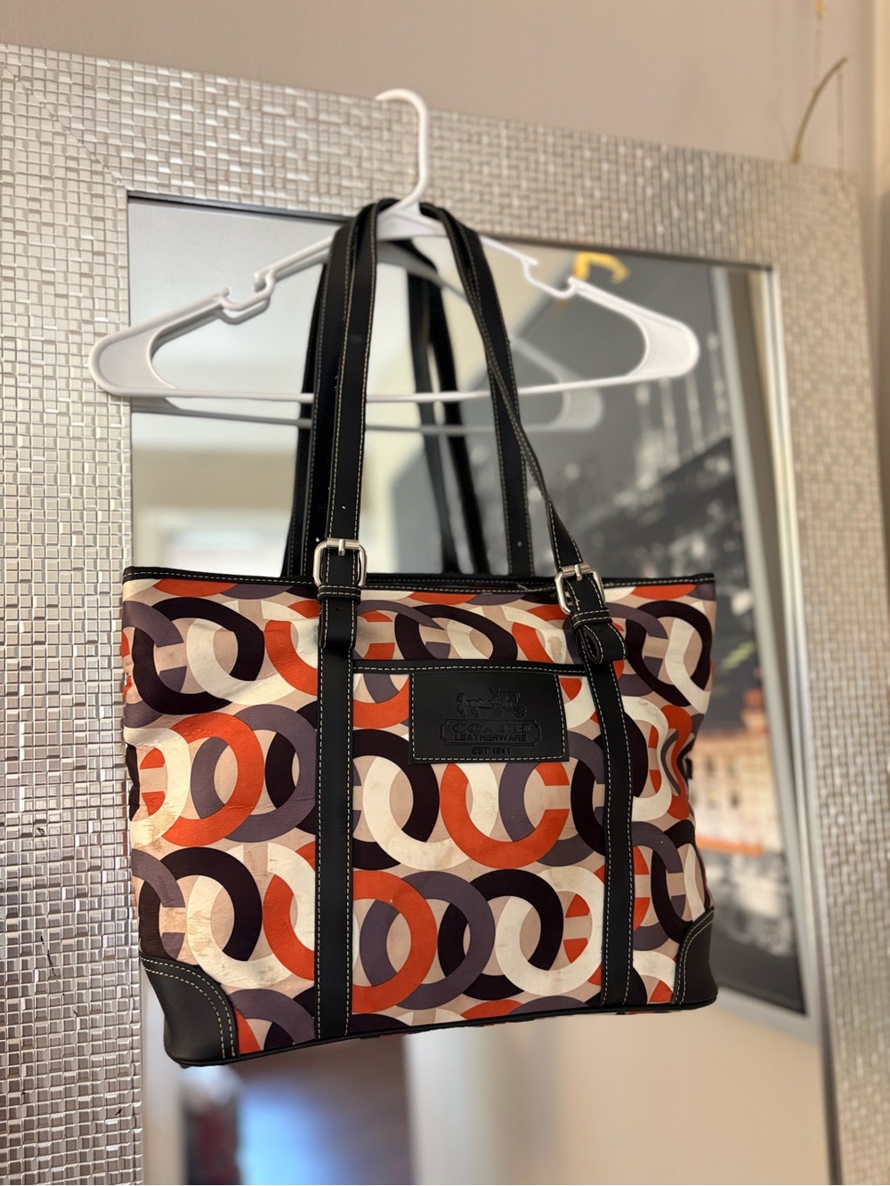 Rare & Vintage Coach Geometric Print Tote Bag in Orange, Black and Cream